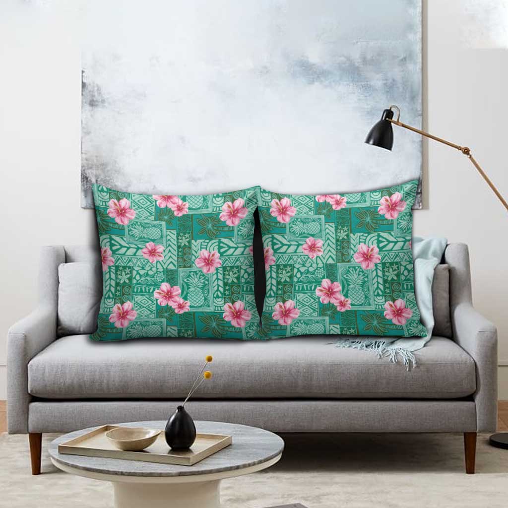 Cyan Hawaii Hibiscus With Tropical Flowers Motifs Pillow Cover - Polynesian Pride