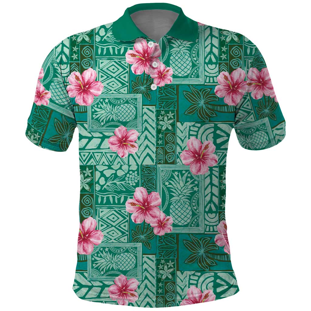 Cyan Hawaii Hibiscus With Tropical Flowers Motifs Polo Shirt - Polynesian Pride