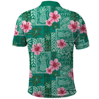 Cyan Hawaii Hibiscus With Tropical Flowers Motifs Polo Shirt - Polynesian Pride