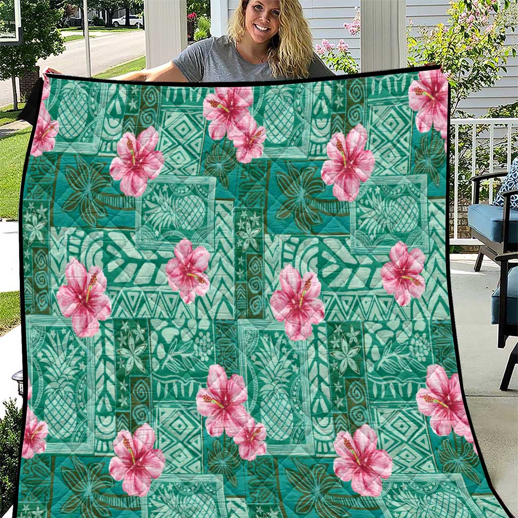 Cyan Hawaii Hibiscus With Tropical Flowers Motifs Quilt - Polynesian Pride