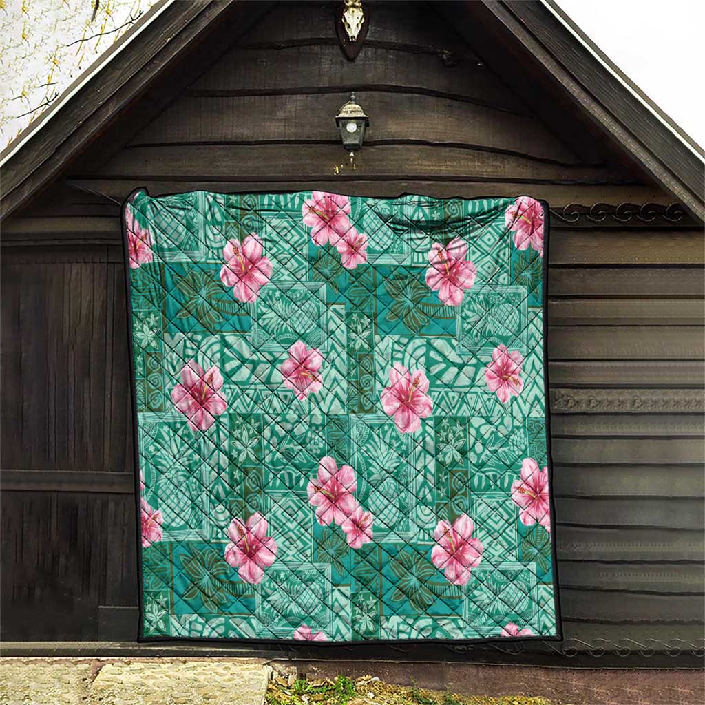 Cyan Hawaii Hibiscus With Tropical Flowers Motifs Quilt - Polynesian Pride