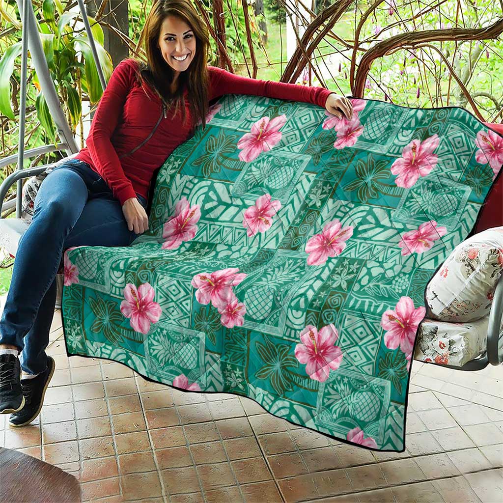 Cyan Hawaii Hibiscus With Tropical Flowers Motifs Quilt - Polynesian Pride