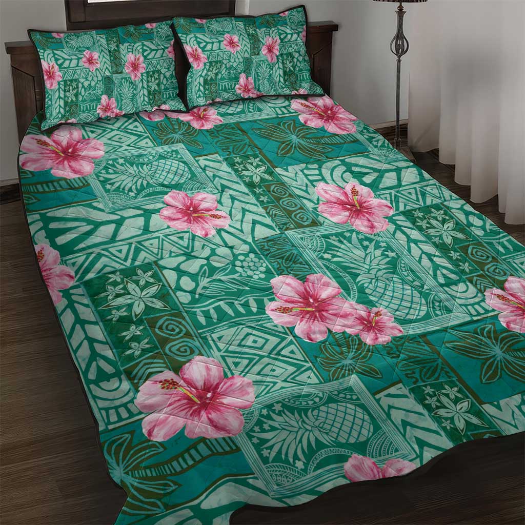 Cyan Hawaii Hibiscus With Tropical Flowers Motifs Quilt Bed Set - Polynesian Pride