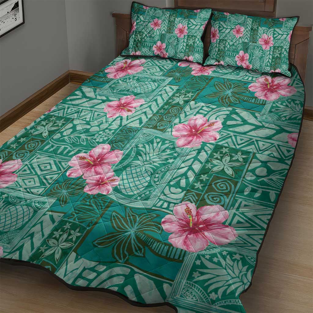 Cyan Hawaii Hibiscus With Tropical Flowers Motifs Quilt Bed Set - Polynesian Pride