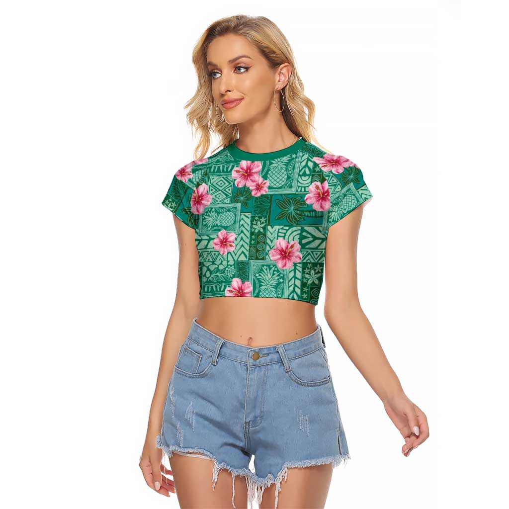Cyan Hawaii Hibiscus With Tropical Flowers Motifs Raglan Cropped T Shirt - Polynesian Pride