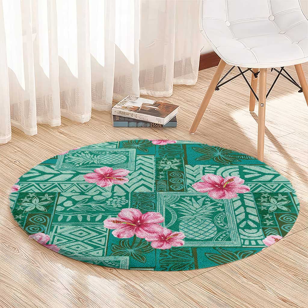 Cyan Hawaii Hibiscus With Tropical Flowers Motifs Round Carpet - Polynesian Pride