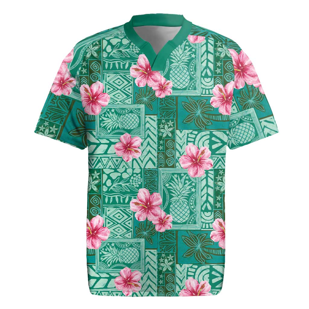 Cyan Hawaii Hibiscus With Tropical Flowers Motifs Rugby Jersey LT14 Cyan - Polynesian Pride