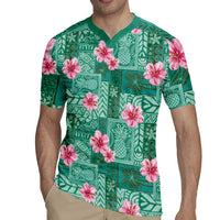 Cyan Hawaii Hibiscus With Tropical Flowers Motifs Rugby Jersey LT14 - Polynesian Pride