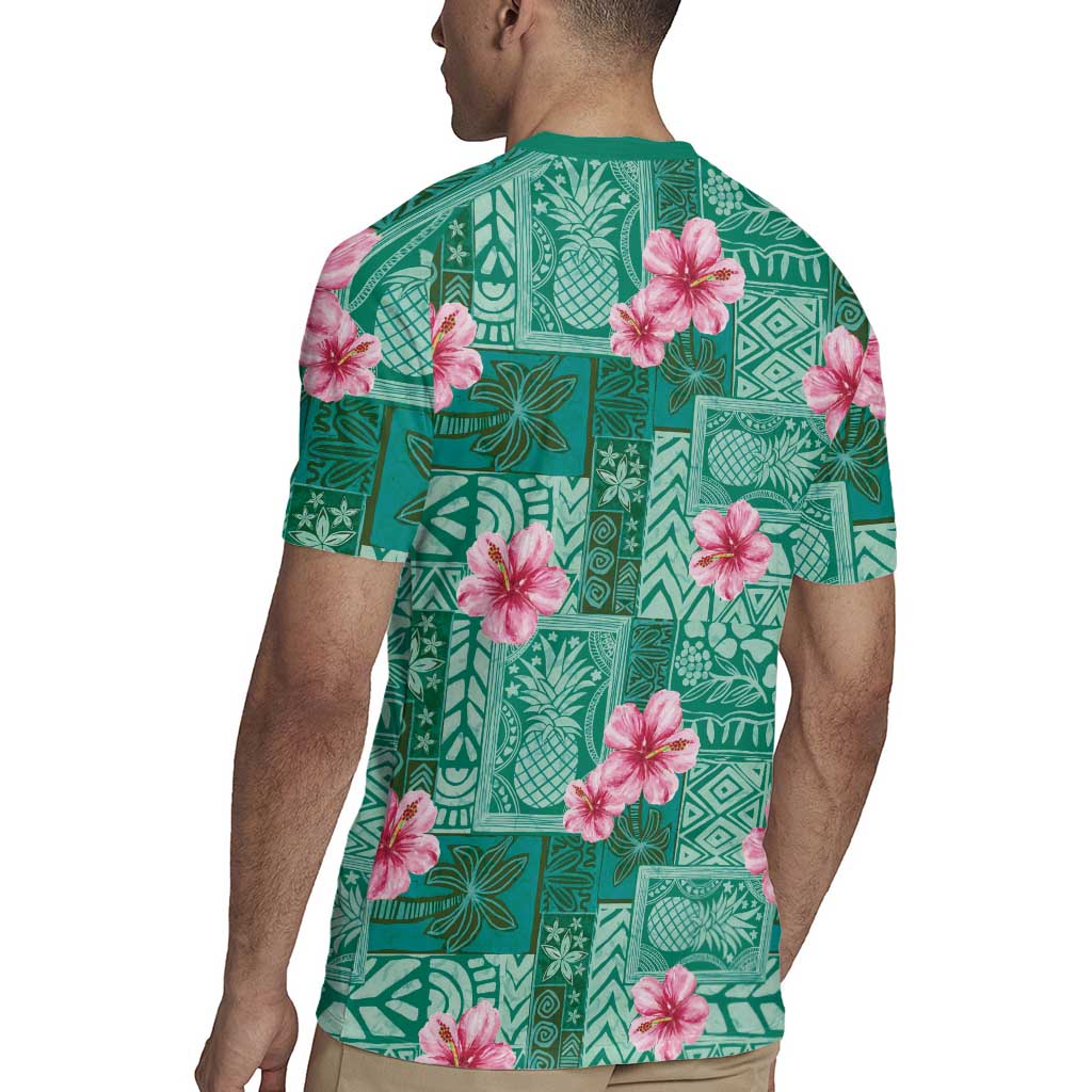 Cyan Hawaii Hibiscus With Tropical Flowers Motifs Rugby Jersey LT14 - Polynesian Pride