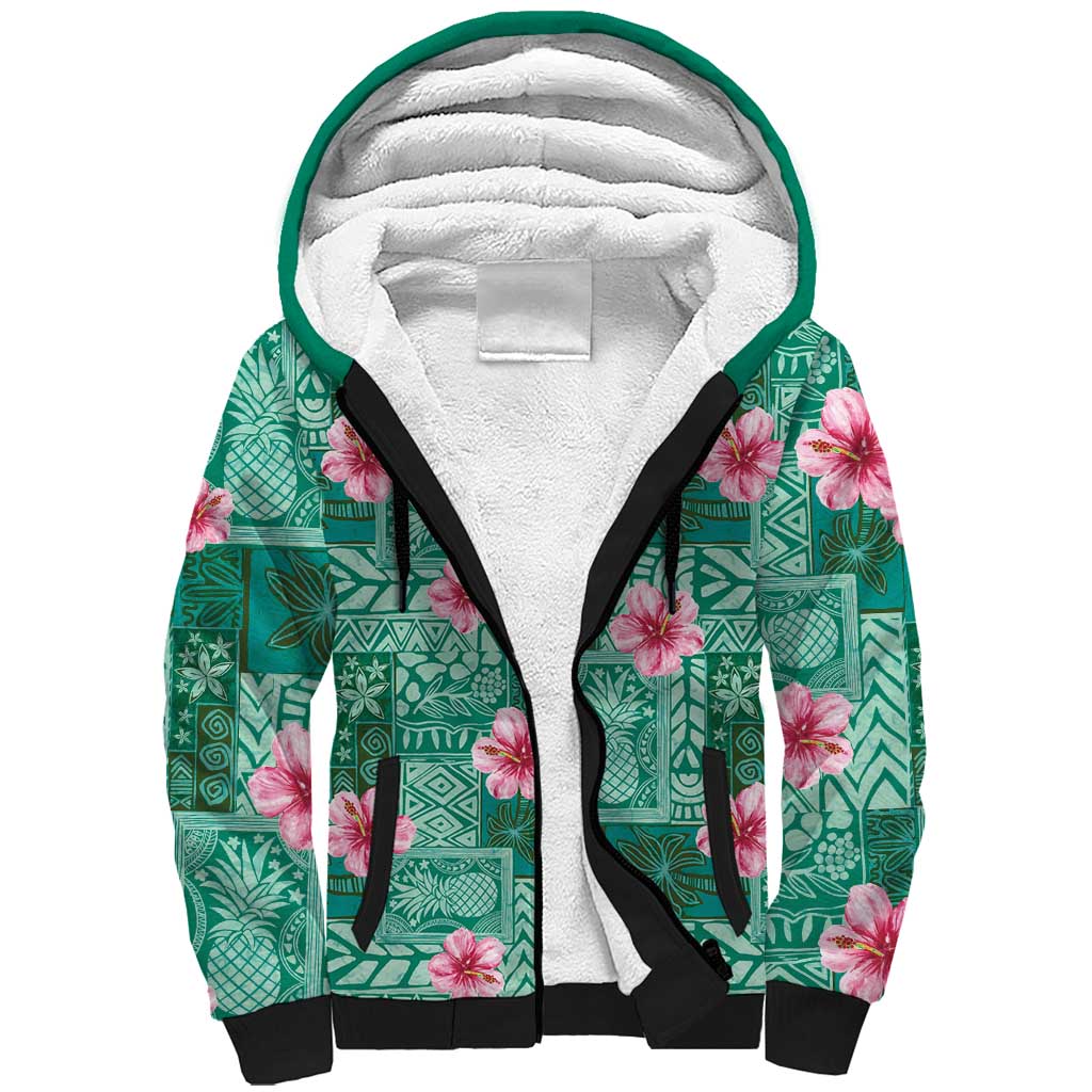 Cyan Hawaii Hibiscus With Tropical Flowers Motifs Sherpa Hoodie - Polynesian Pride