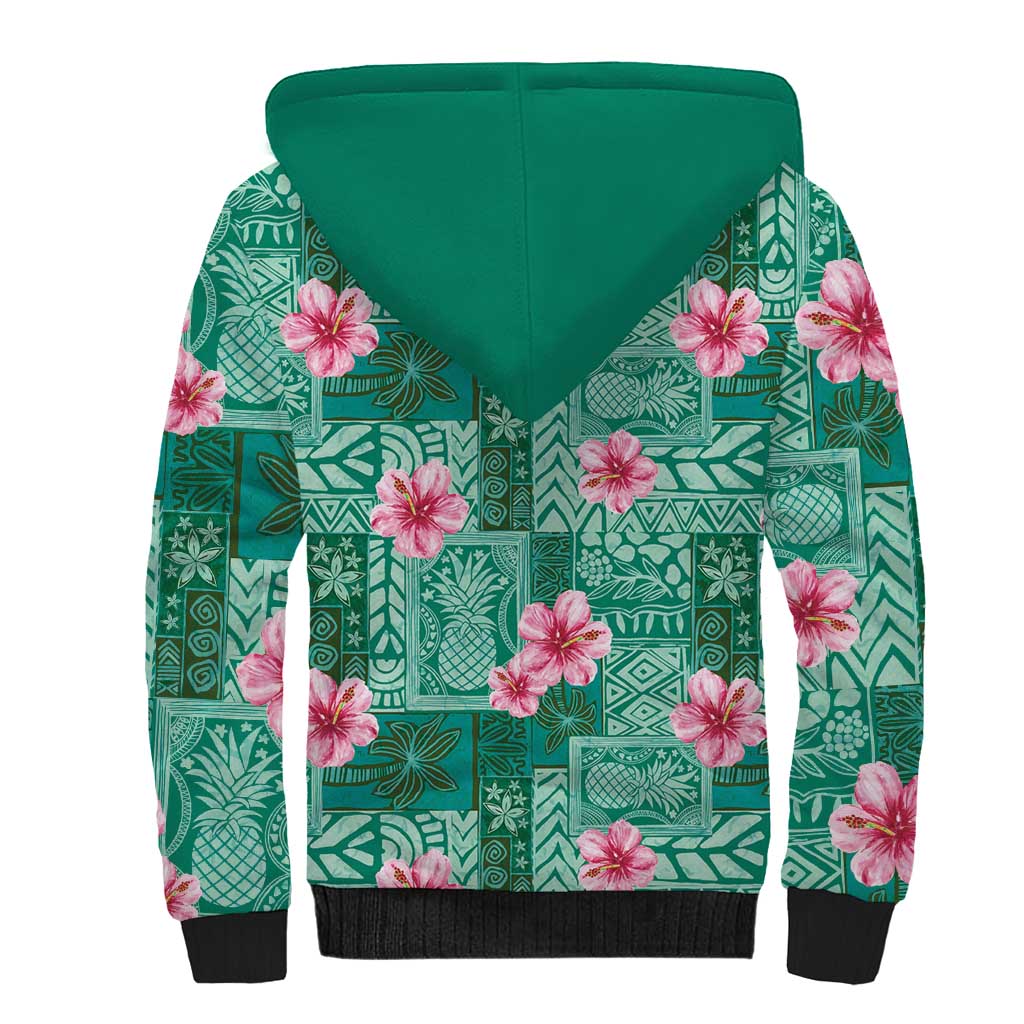 Cyan Hawaii Hibiscus With Tropical Flowers Motifs Sherpa Hoodie - Polynesian Pride