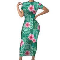 Cyan Hawaii Hibiscus With Tropical Flowers Motifs Short Sleeve Bodycon Dress - Polynesian Pride