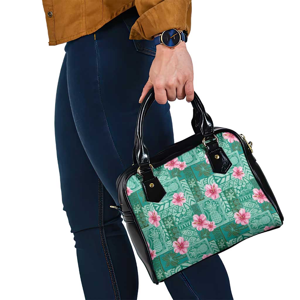 Cyan Hawaii Hibiscus With Tropical Flowers Motifs Shoulder Handbag - Polynesian Pride