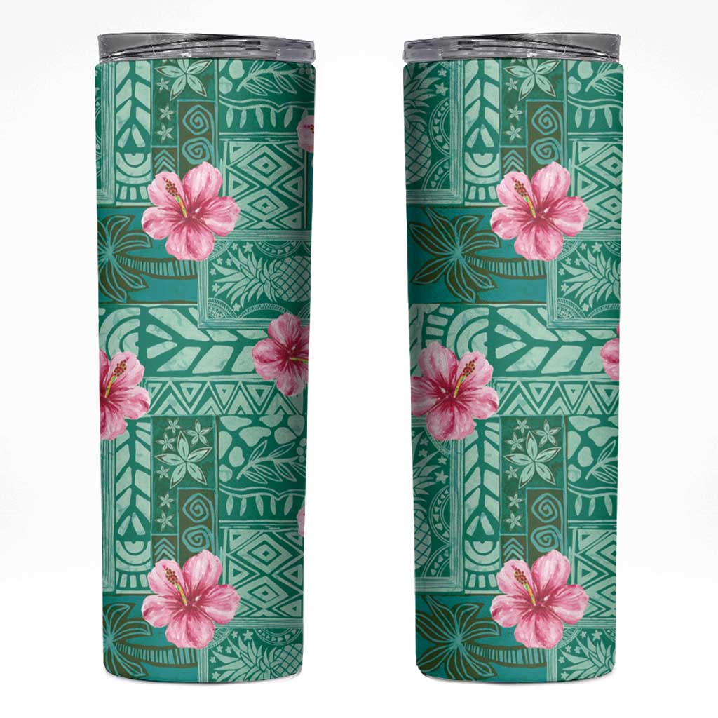 Cyan Hawaii Hibiscus With Tropical Flowers Motifs Skinny Tumbler - Polynesian Pride
