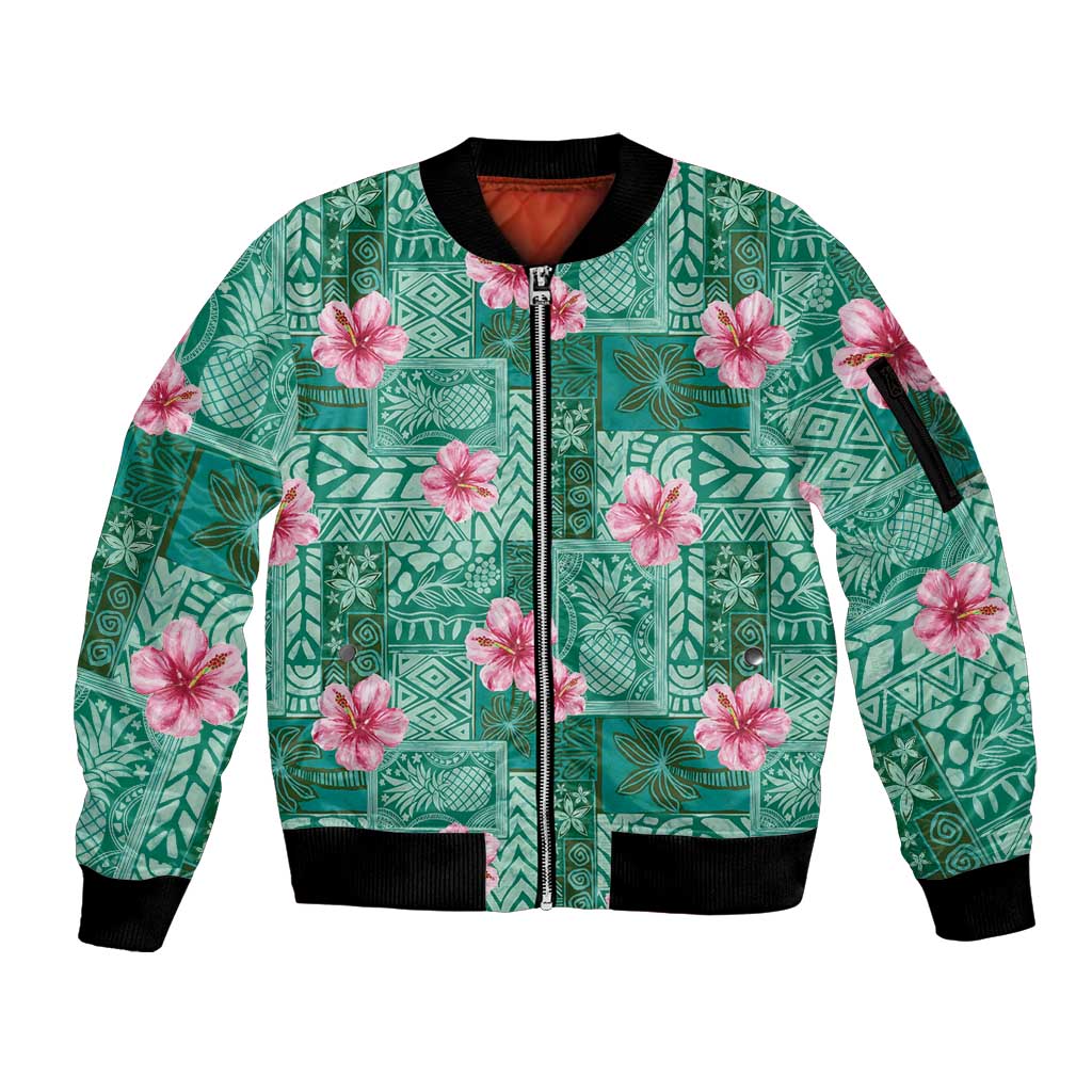 Cyan Hawaii Hibiscus With Tropical Flowers Motifs Sleeve Zip Bomber Jacket - Polynesian Pride