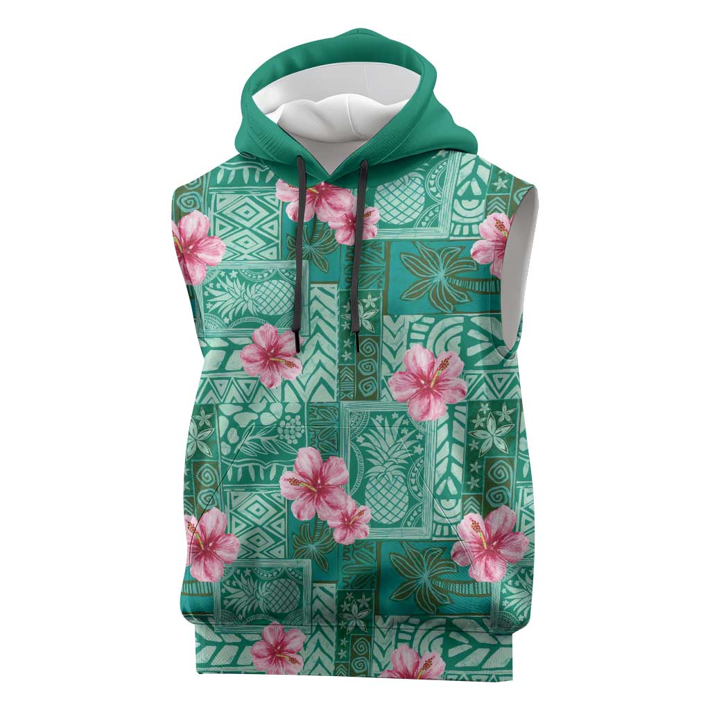 Cyan Hawaii Hibiscus With Tropical Flowers Motifs Sleeveless Hoodie - Polynesian Pride