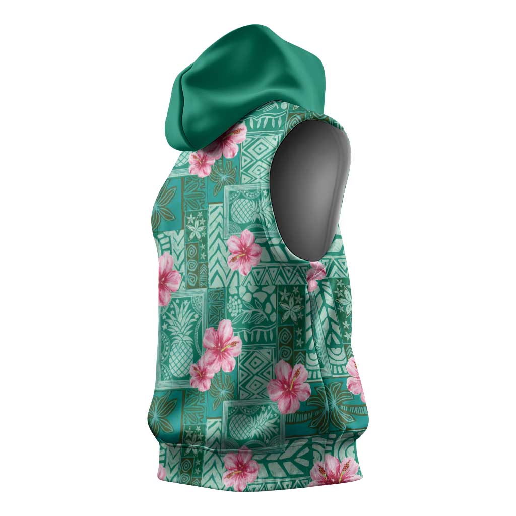 Cyan Hawaii Hibiscus With Tropical Flowers Motifs Sleeveless Hoodie - Polynesian Pride