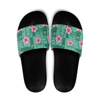 Cyan Hawaii Hibiscus With Tropical Flowers Motifs Slide Sandals - Polynesian Pride