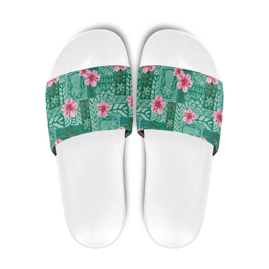 Cyan Hawaii Hibiscus With Tropical Flowers Motifs Slide Sandals - Polynesian Pride