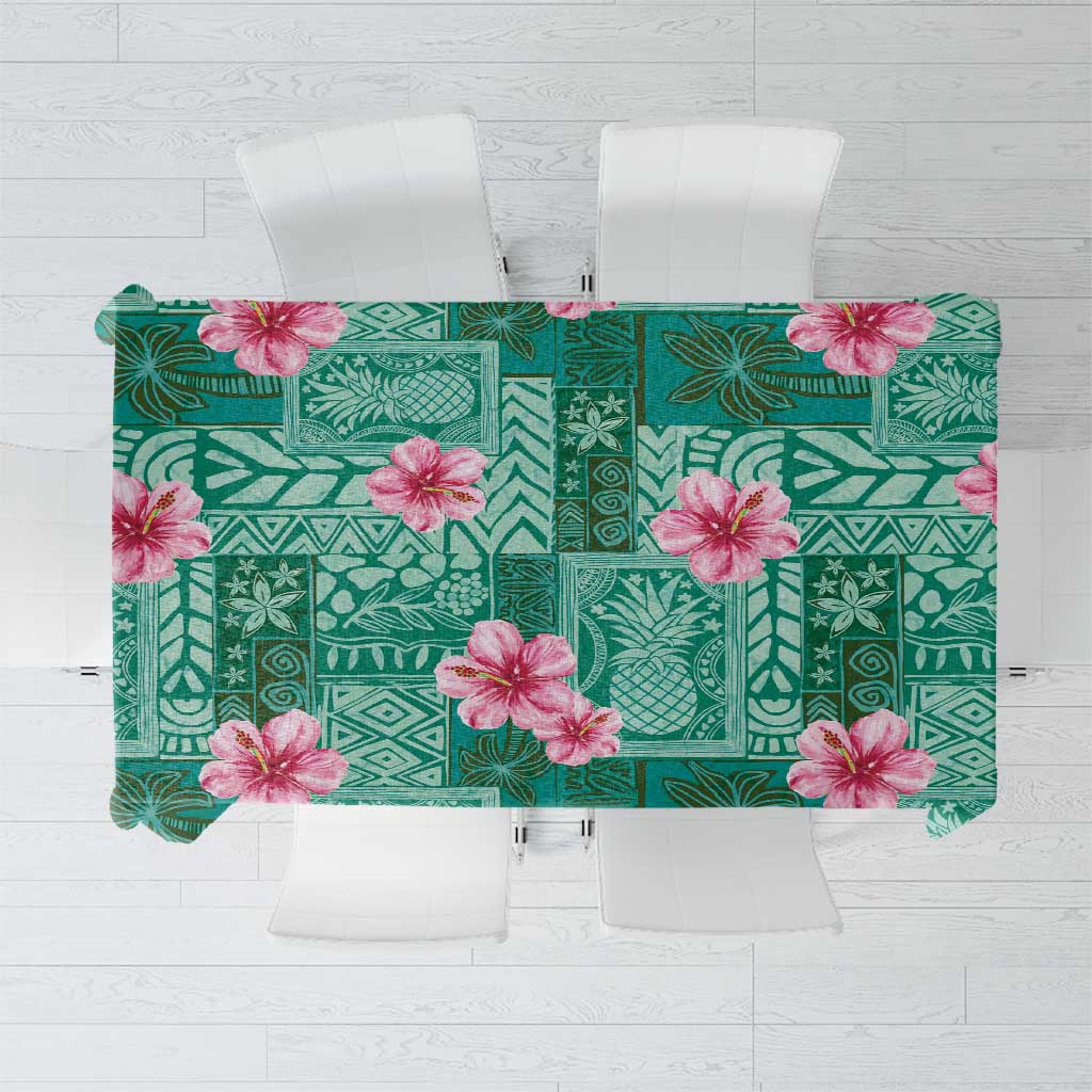 Cyan Hawaii Hibiscus With Tropical Flowers Motifs Tablecloth - Polynesian Pride