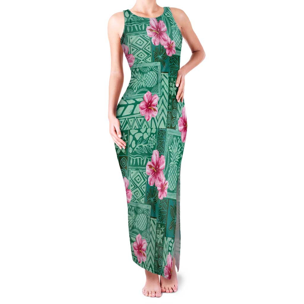 Cyan Hawaii Hibiscus With Tropical Flowers Motifs Tank Maxi Dress - Polynesian Pride