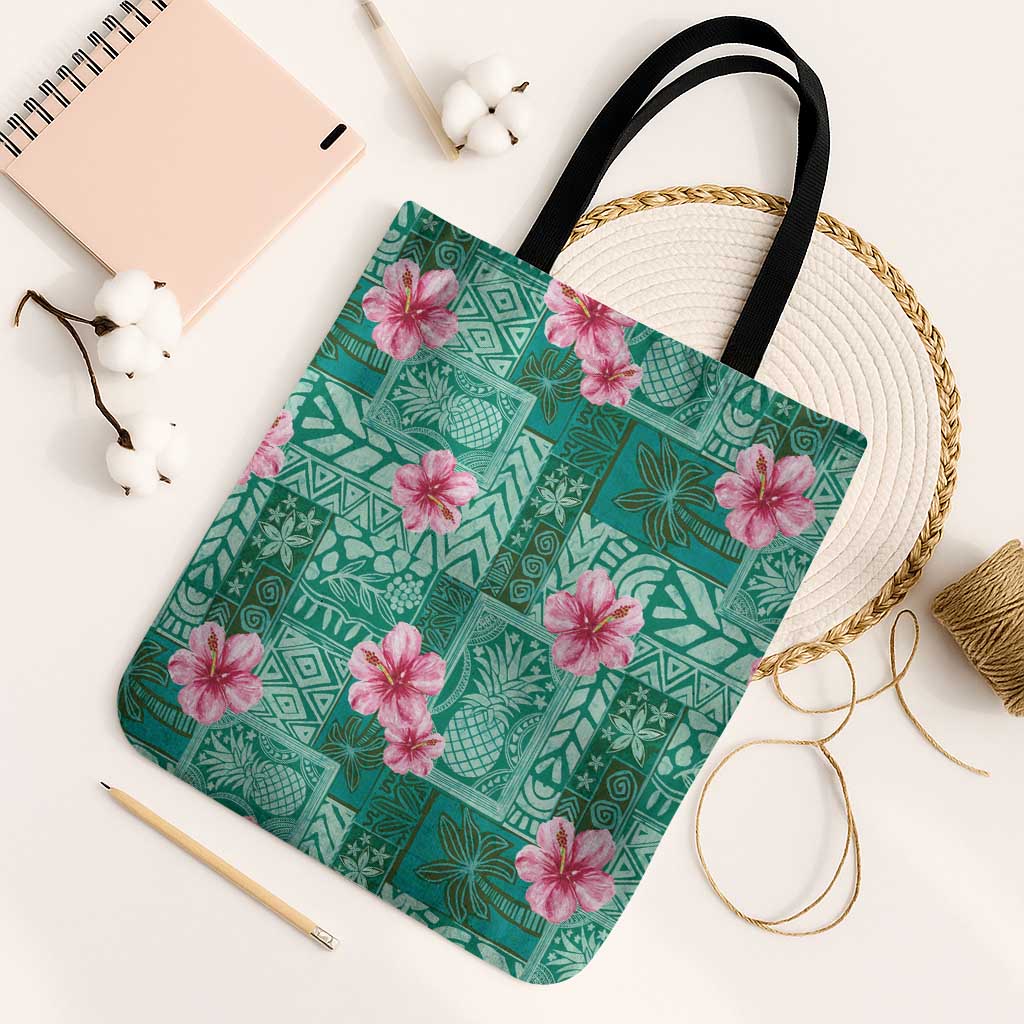 Cyan Hawaii Hibiscus With Tropical Flowers Motifs Tote Bag - Polynesian Pride