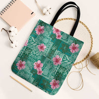Cyan Hawaii Hibiscus With Tropical Flowers Motifs Tote Bag - Polynesian Pride