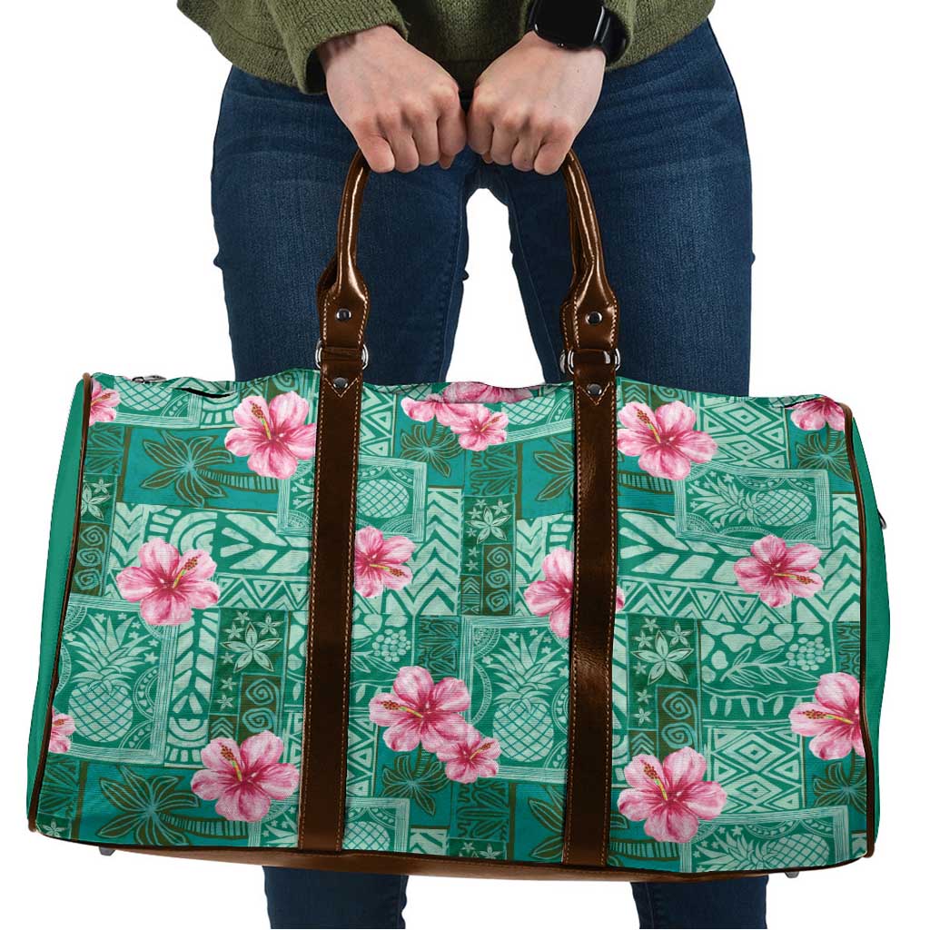 Cyan Hawaii Hibiscus With Tropical Flowers Motifs Travel Bag - Polynesian Pride