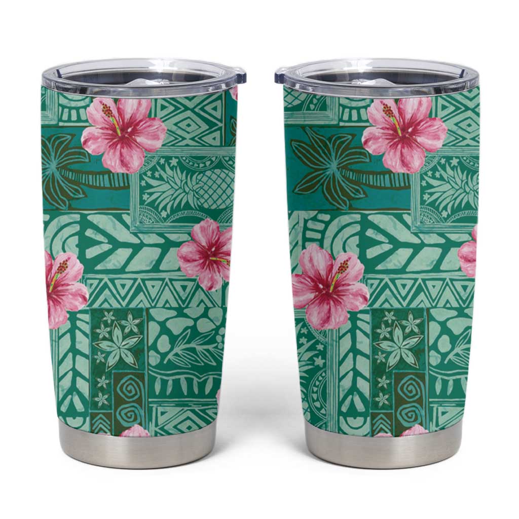 Cyan Hawaii Hibiscus With Tropical Flowers Motifs Tumbler Cup - Polynesian Pride