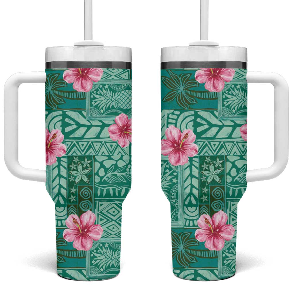 Cyan Hawaii Hibiscus With Tropical Flowers Motifs Tumbler With Handle - Polynesian Pride