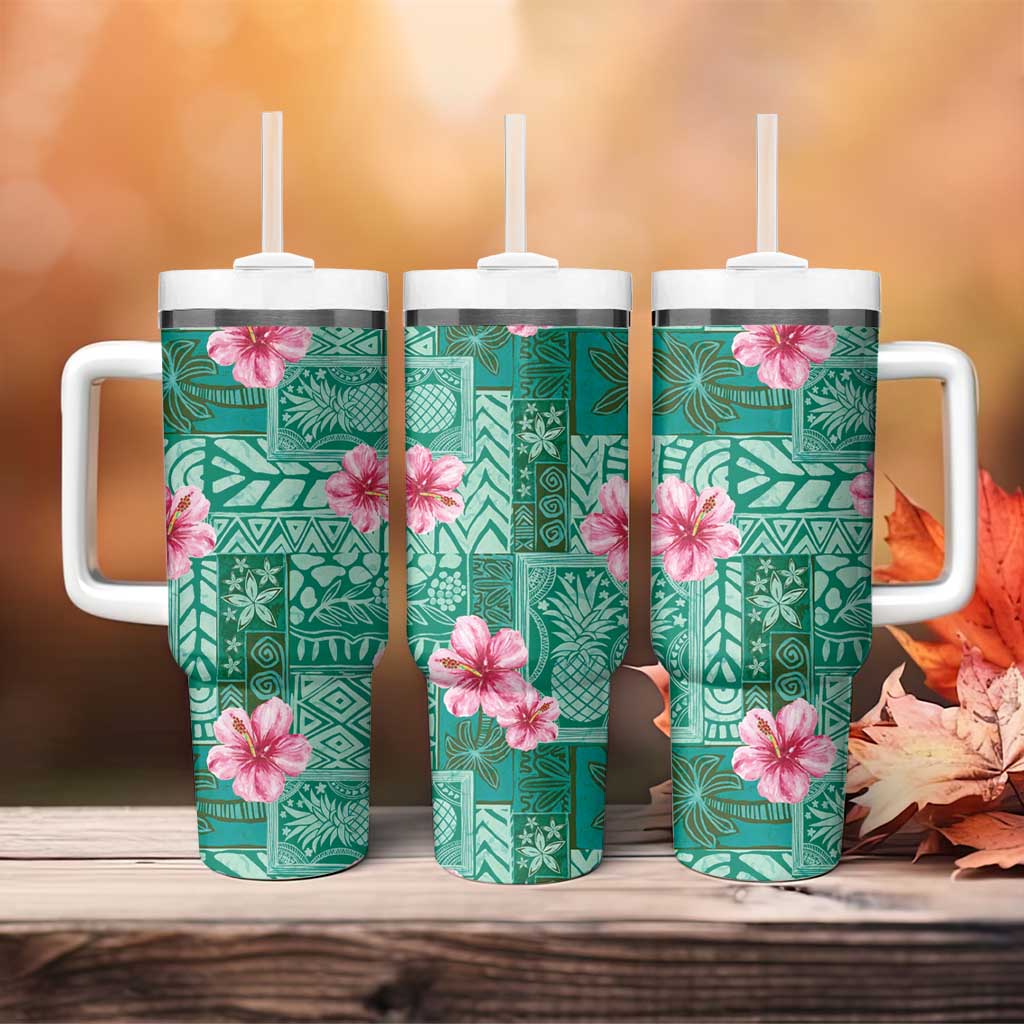 Cyan Hawaii Hibiscus With Tropical Flowers Motifs Tumbler With Handle - Polynesian Pride
