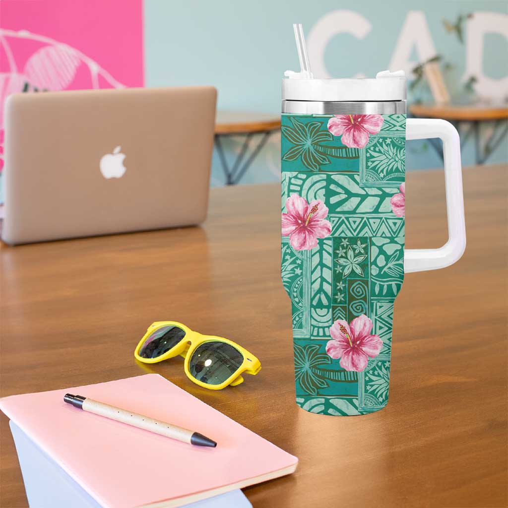 Cyan Hawaii Hibiscus With Tropical Flowers Motifs Tumbler With Handle - Polynesian Pride