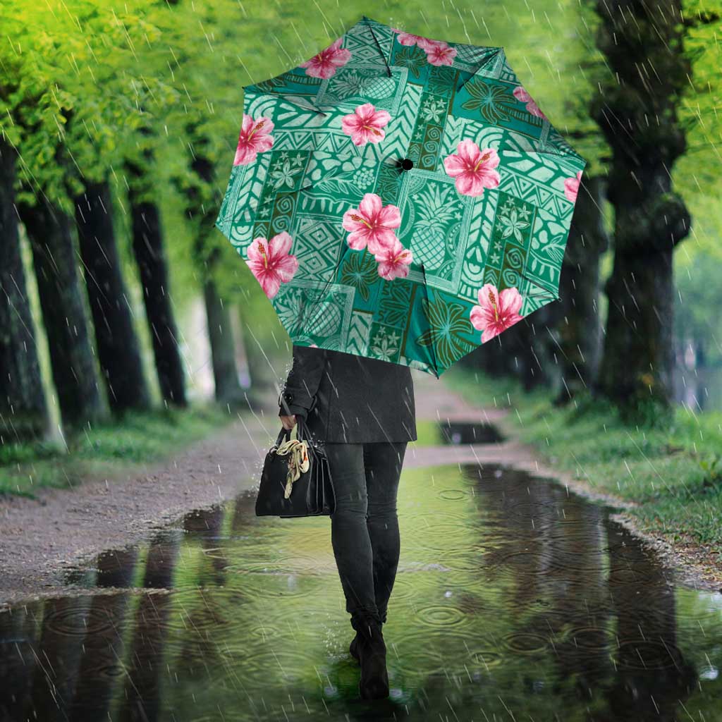Cyan Hawaii Hibiscus With Tropical Flowers Motifs Umbrella - Polynesian Pride