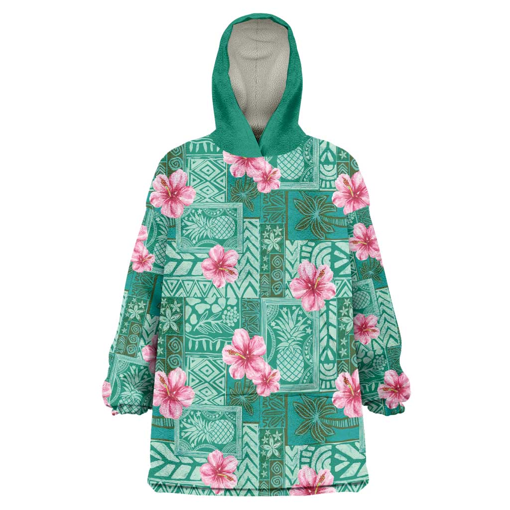 Cyan Hawaii Hibiscus With Tropical Flowers Motifs Wearable Blanket Hoodie - Polynesian Pride