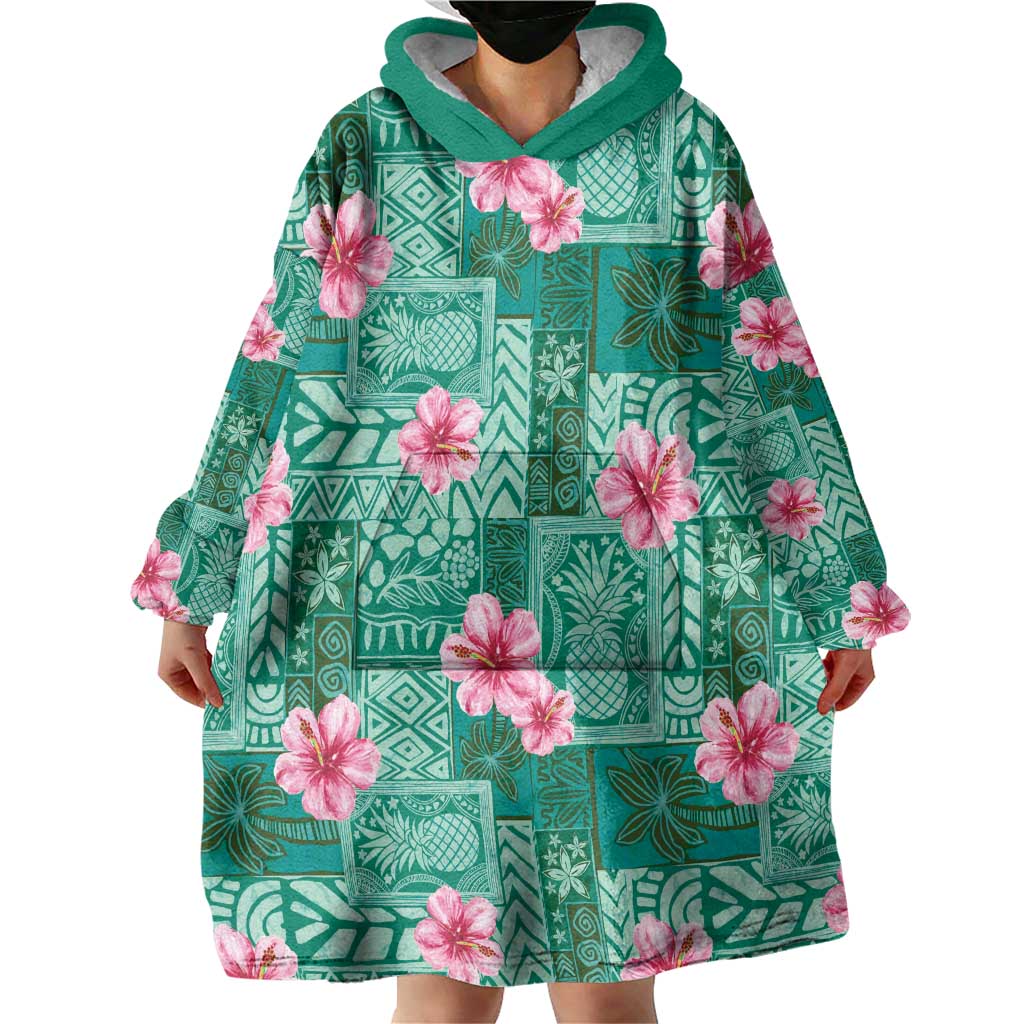 Cyan Hawaii Hibiscus With Tropical Flowers Motifs Wearable Blanket Hoodie - Polynesian Pride