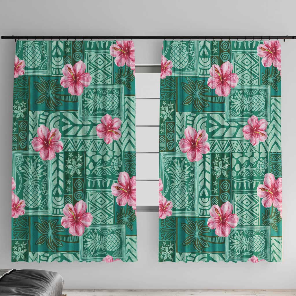 Cyan Hawaii Hibiscus With Tropical Flowers Motifs Window Curtain - Polynesian Pride