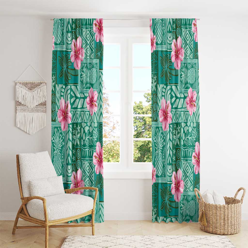 Cyan Hawaii Hibiscus With Tropical Flowers Motifs Window Curtain - Polynesian Pride