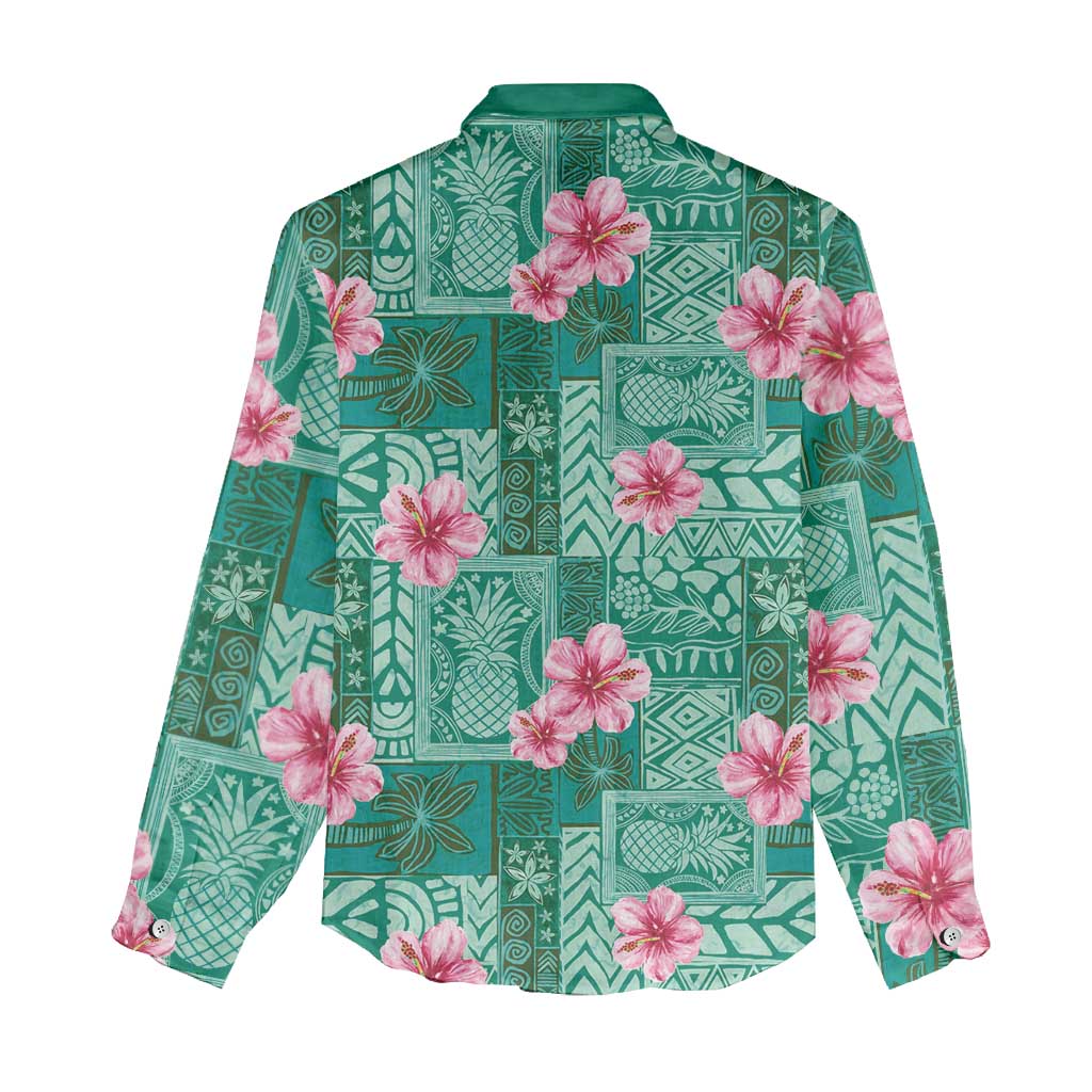 Cyan Hawaii Hibiscus With Tropical Flowers Motifs Women Casual Shirt - Polynesian Pride