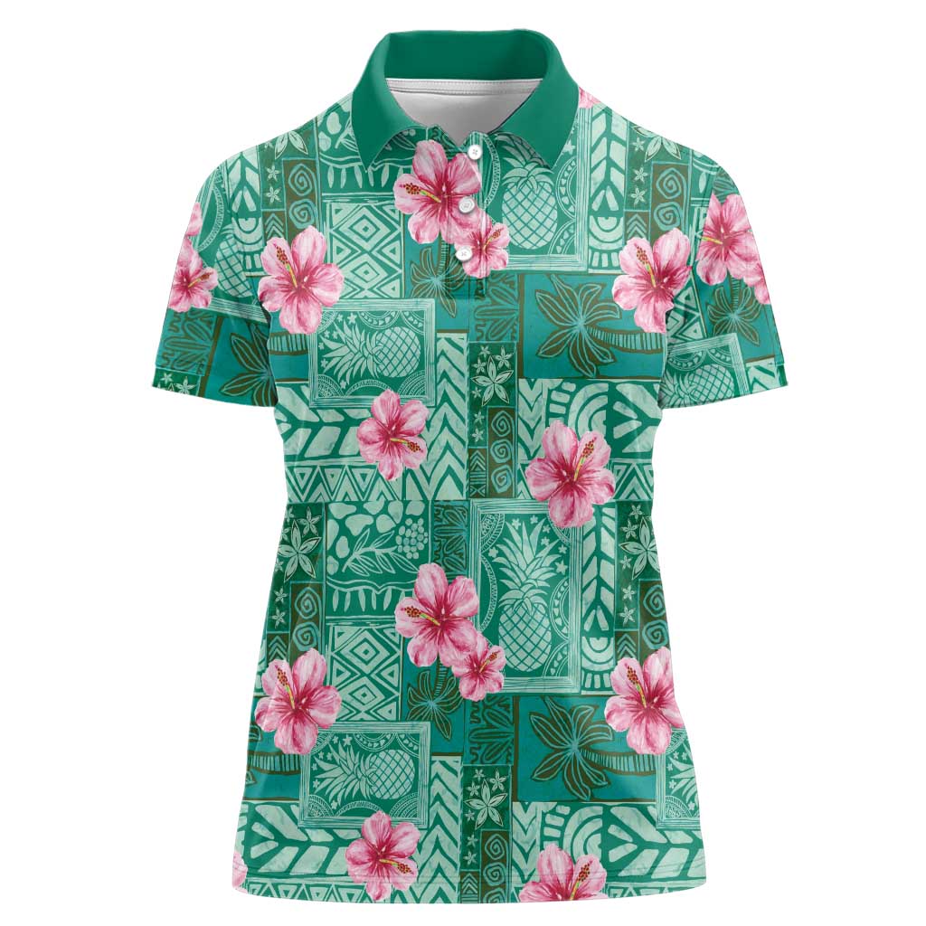 Cyan Hawaii Hibiscus With Tropical Flowers Motifs Women Polo Shirt - Polynesian Pride