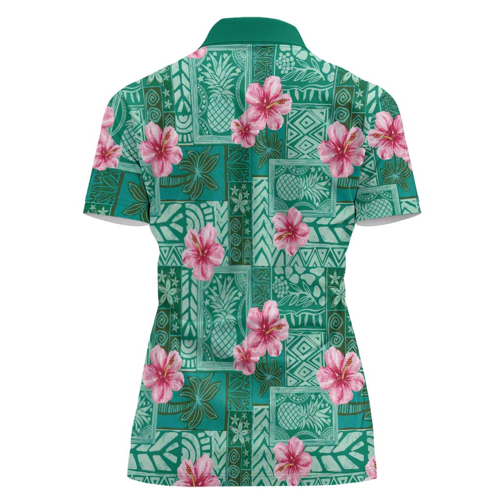 Cyan Hawaii Hibiscus With Tropical Flowers Motifs Women Polo Shirt - Polynesian Pride