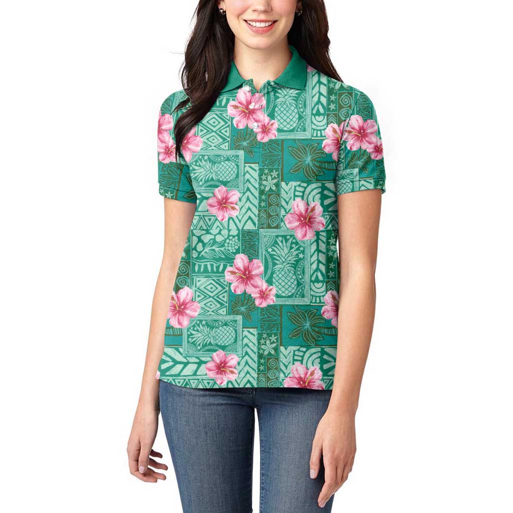Cyan Hawaii Hibiscus With Tropical Flowers Motifs Women Polo Shirt - Polynesian Pride