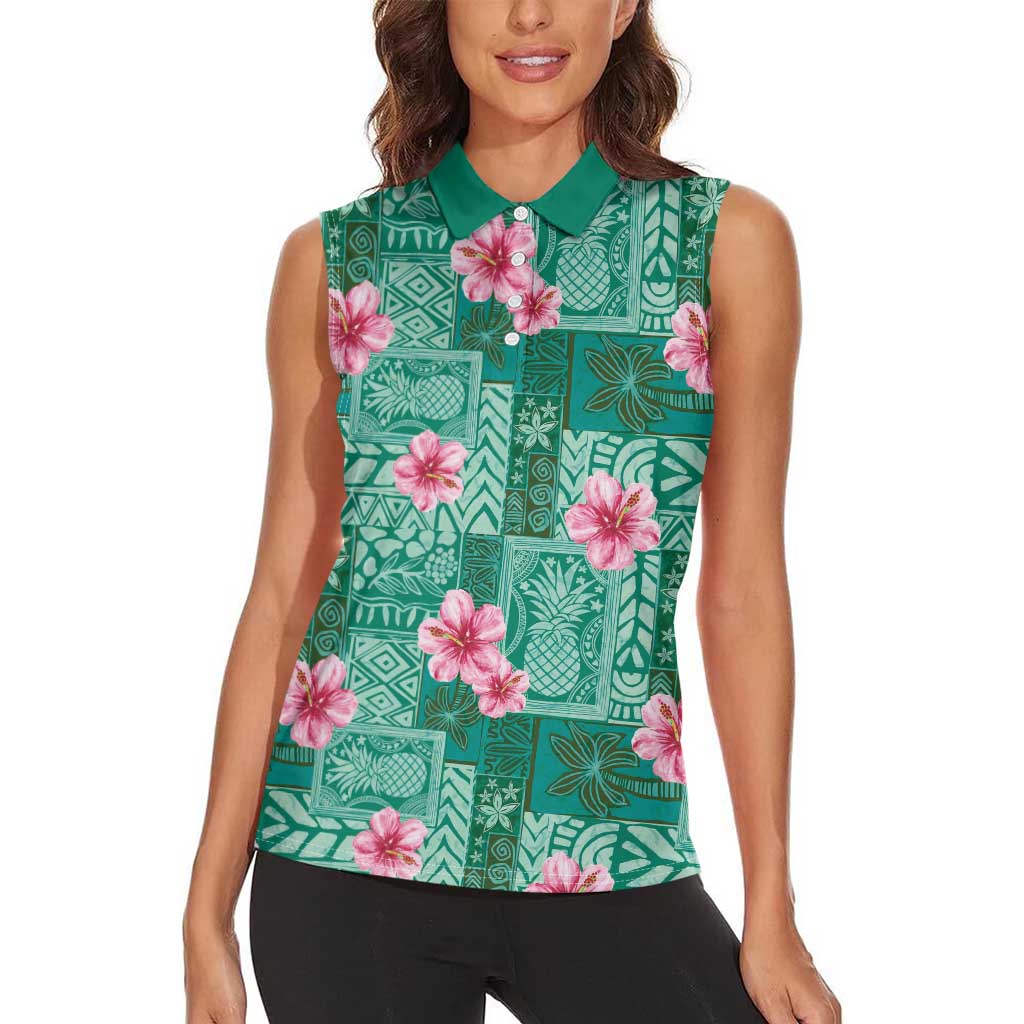 Cyan Hawaii Hibiscus With Tropical Flowers Motifs Women Sleeveless Polo Shirt - Polynesian Pride