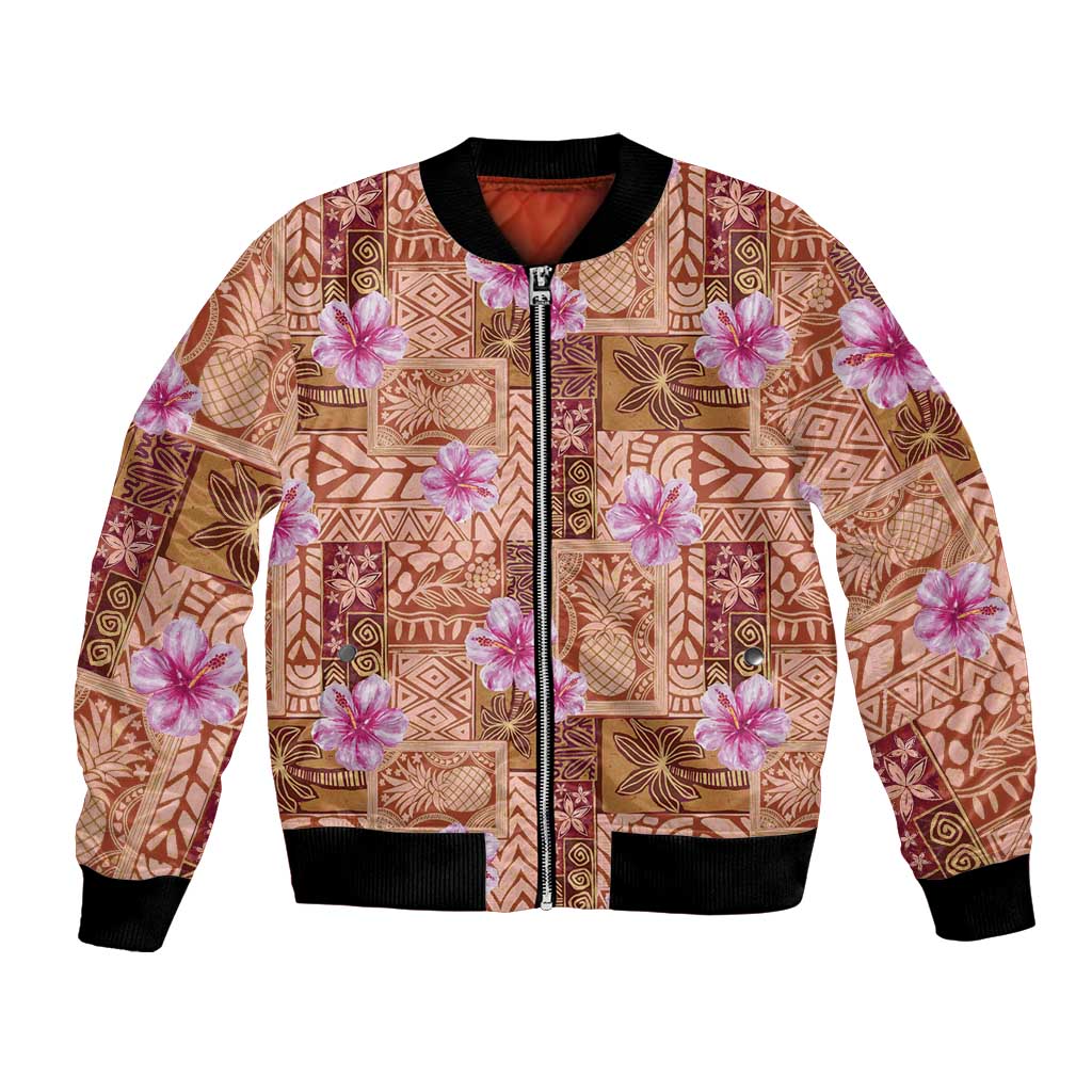 Orange Hawaii Hibiscus With Tropical Flowers Motifs Bomber Jacket - Polynesian Pride