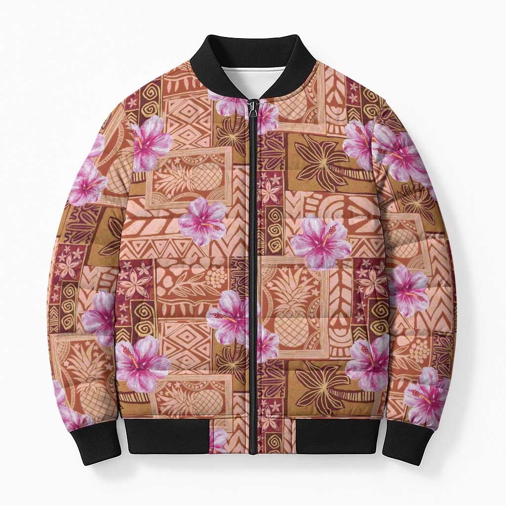 Orange Hawaii Hibiscus With Tropical Flowers Motifs Bomber Puffer Jacket - Polynesian Pride