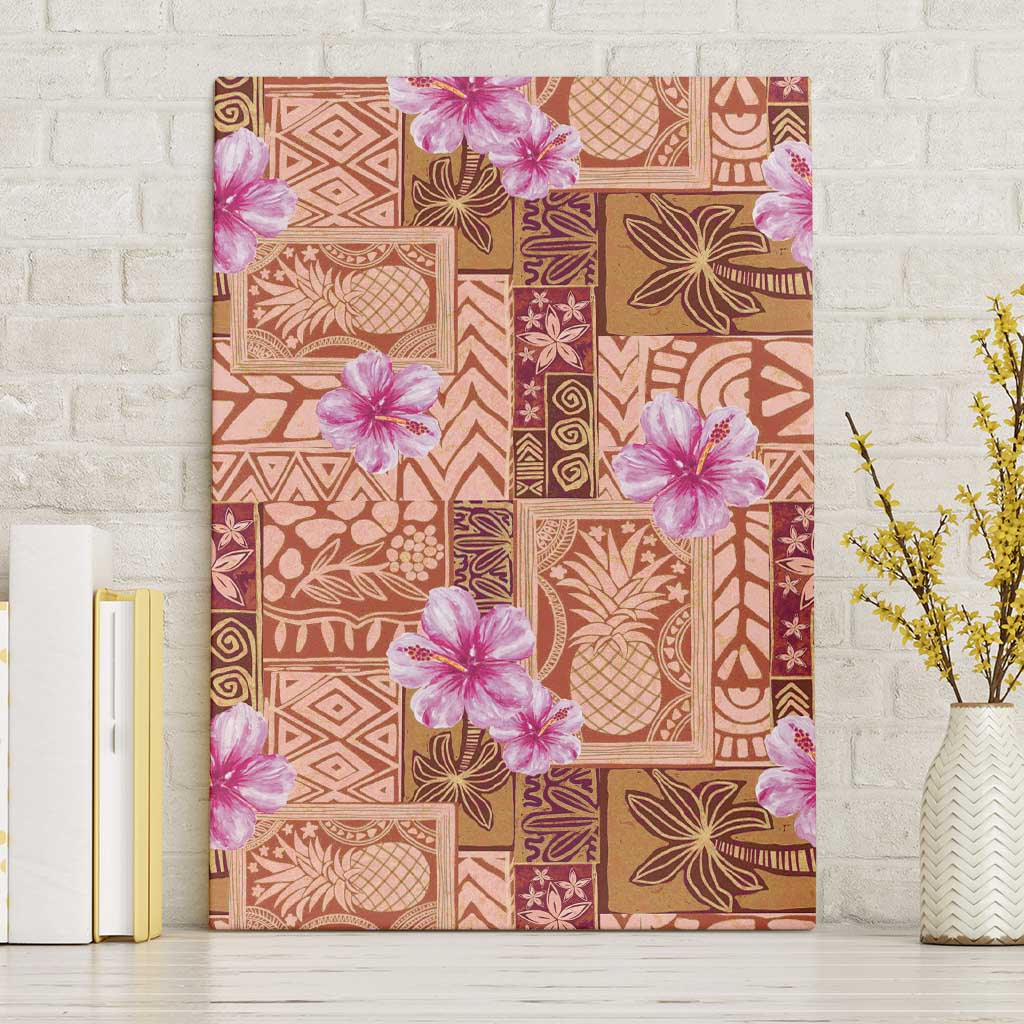 Orange Hawaii Hibiscus With Tropical Flowers Motifs Canvas Wall Art - Polynesian Pride
