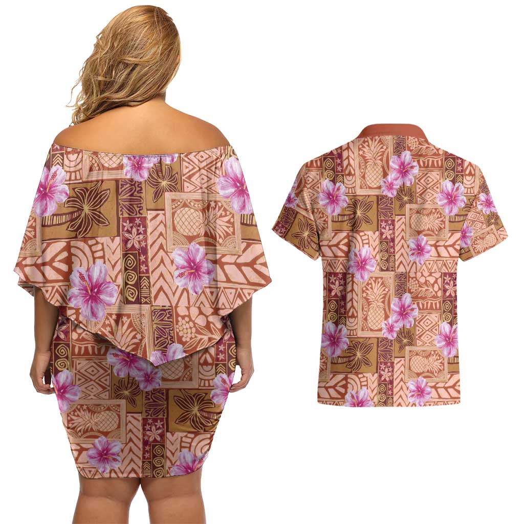 Orange Hawaii Hibiscus With Tropical Flowers Motifs Couples Matching Off Shoulder Short Dress and Hawaiian Shirt - Polynesian Pride