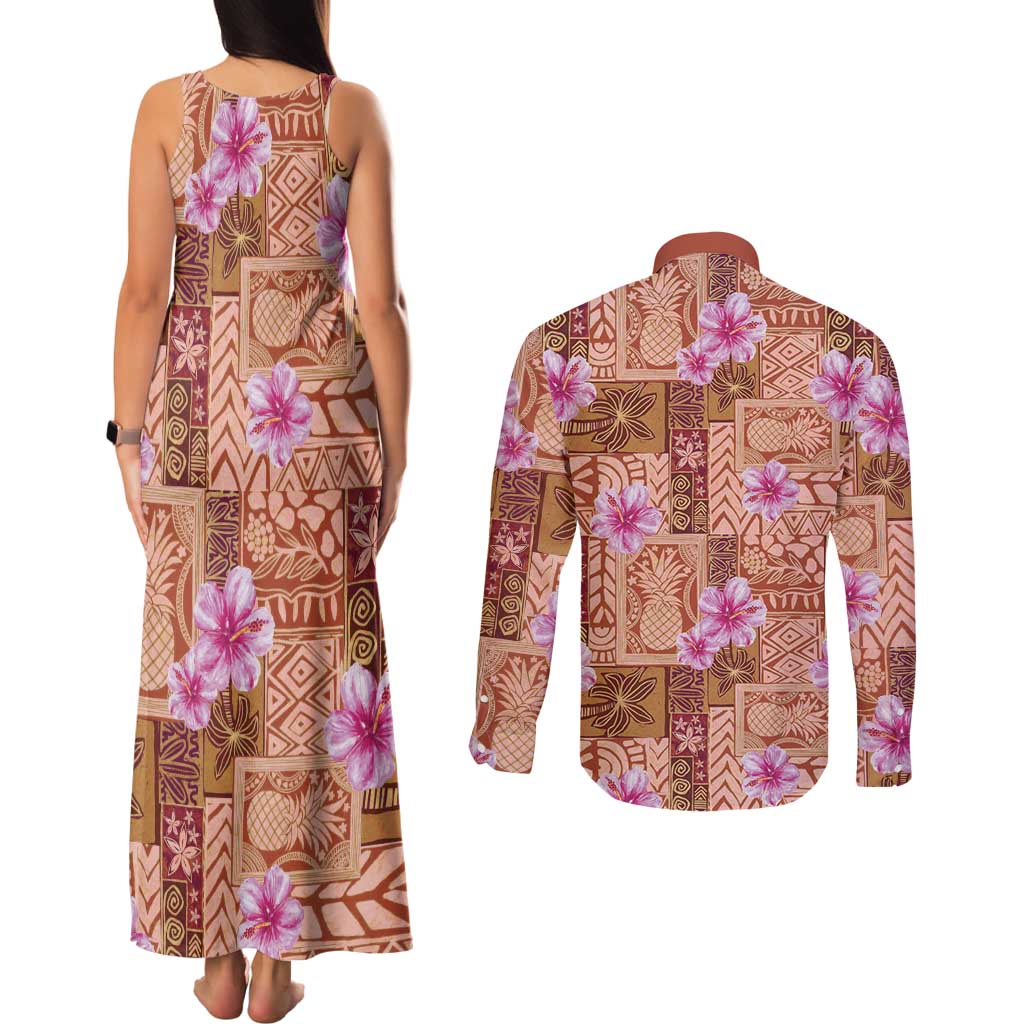 Orange Hawaii Hibiscus With Tropical Flowers Motifs Couples Matching Tank Maxi Dress and Long Sleeve Button Shirt - Polynesian Pride