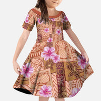 Orange Hawaii Hibiscus With Tropical Flowers Motifs Family Matching Long Sleeve Bodycon Dress and Hawaiian Shirt - Polynesian Pride