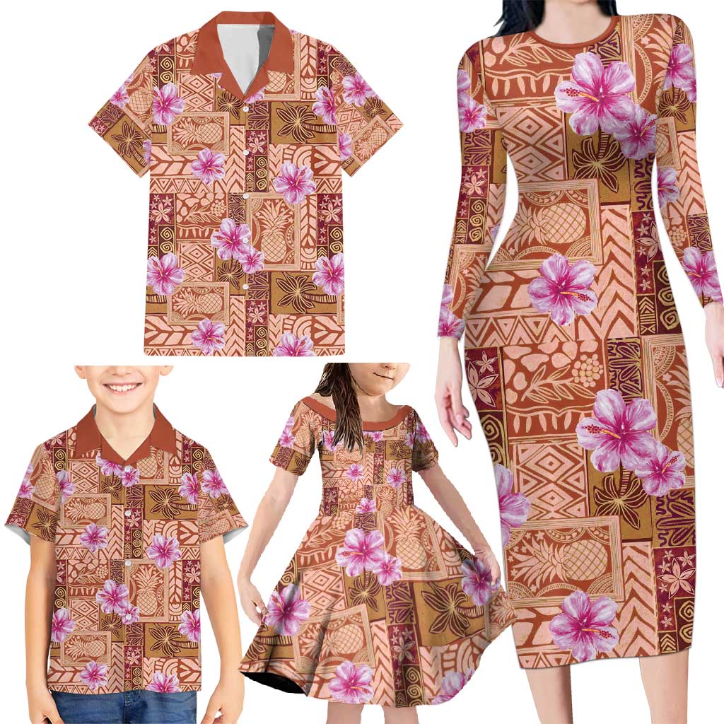 Orange Hawaii Hibiscus With Tropical Flowers Motifs Family Matching Long Sleeve Bodycon Dress and Hawaiian Shirt - Polynesian Pride