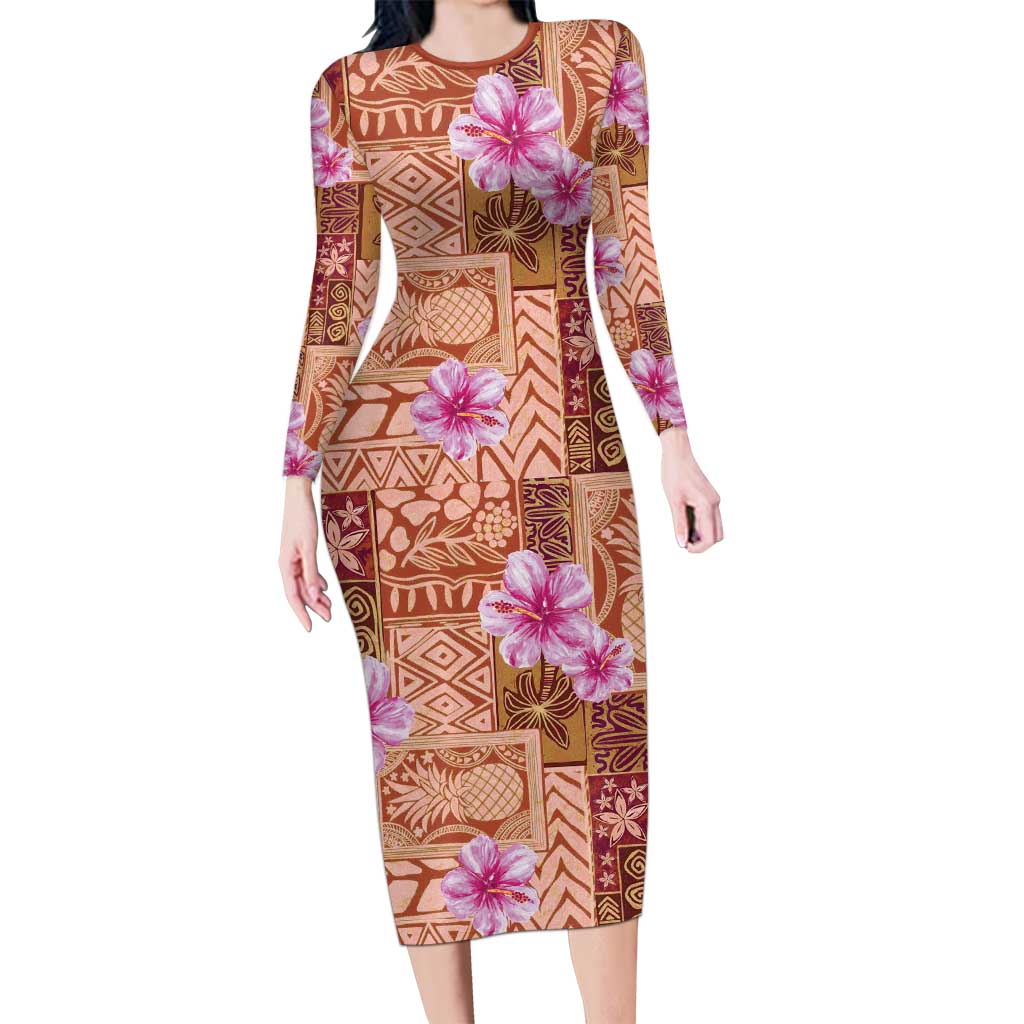 Orange Hawaii Hibiscus With Tropical Flowers Motifs Family Matching Long Sleeve Bodycon Dress and Hawaiian Shirt - Polynesian Pride